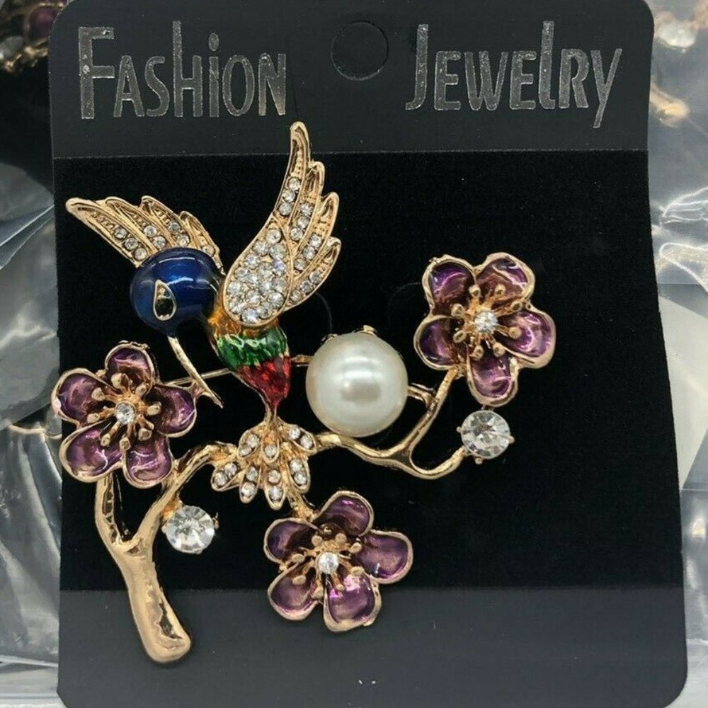 Hummingbird on Branch Pin Purple Enamel Flowers Crystal Pave Gold Plate NWT M393 - Picture 5 of 5